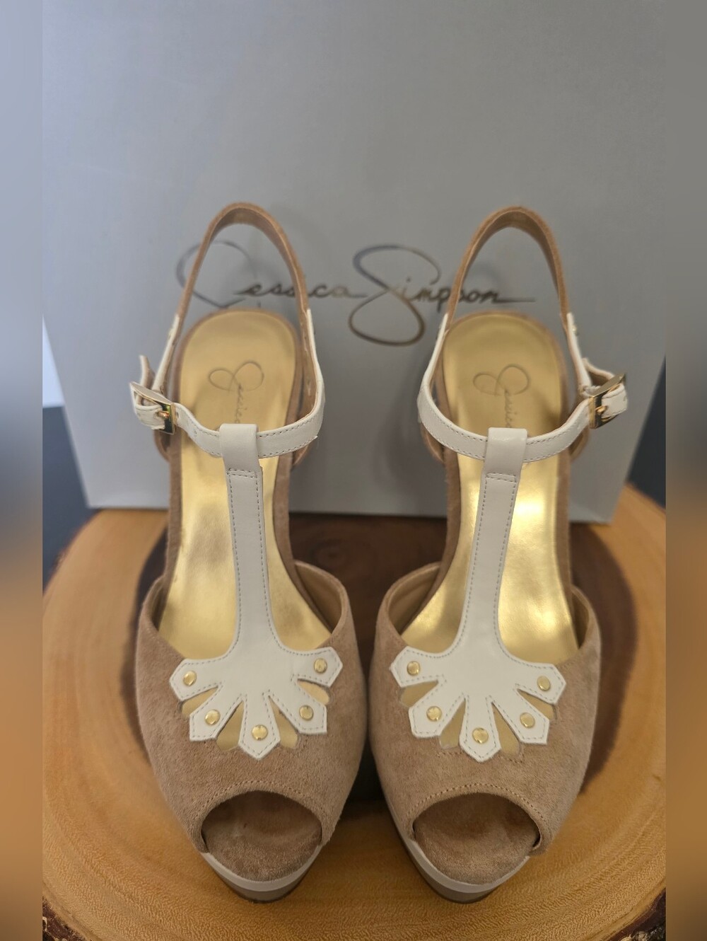 Jessica Simpson Tan Suede Peep-Toe T-Strap Heels with Cream Accent